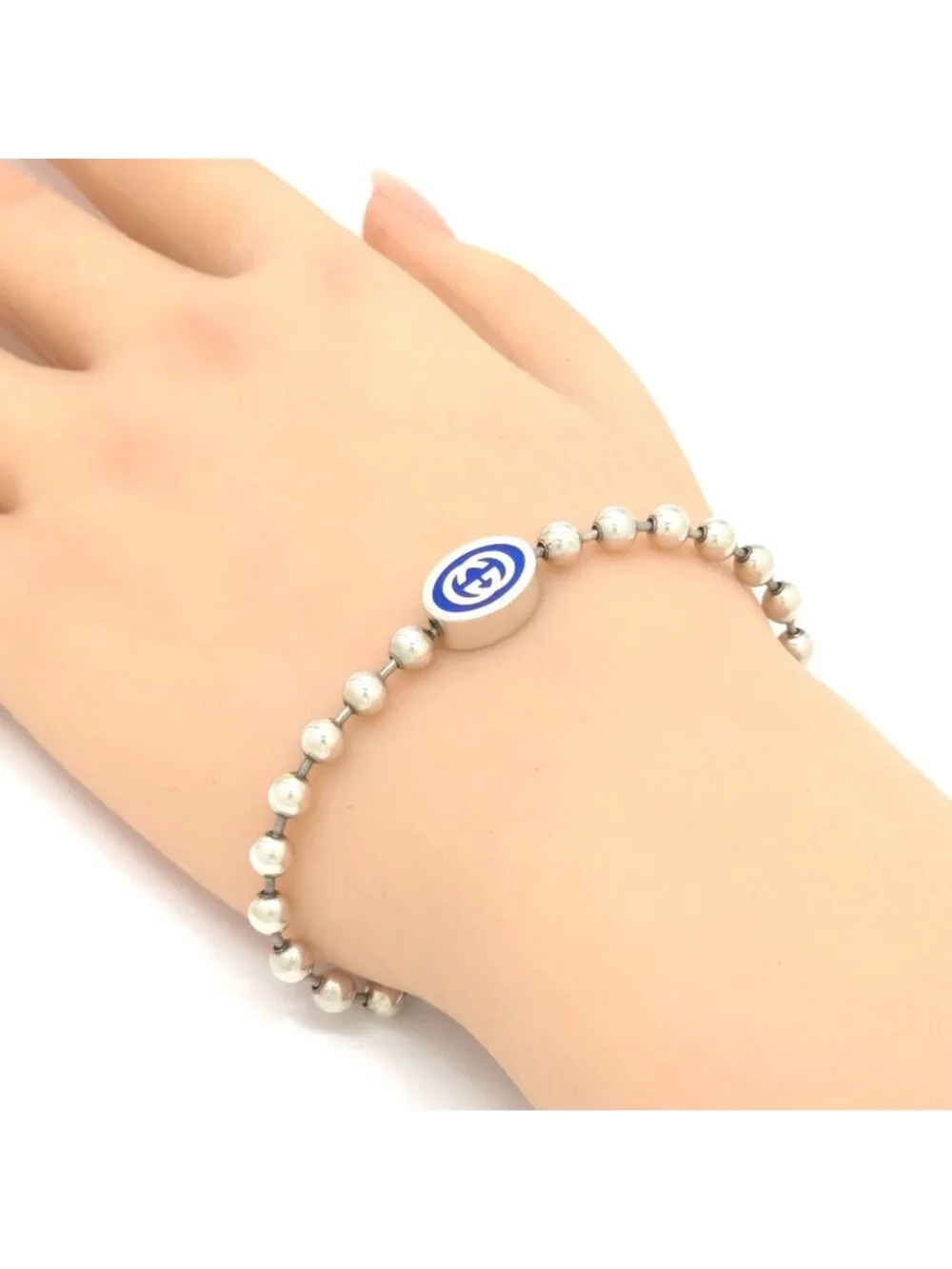 Gucci Interlocking Ball Chain Bracelet 18 17.7 Blue Color Enamel Sterling Silver